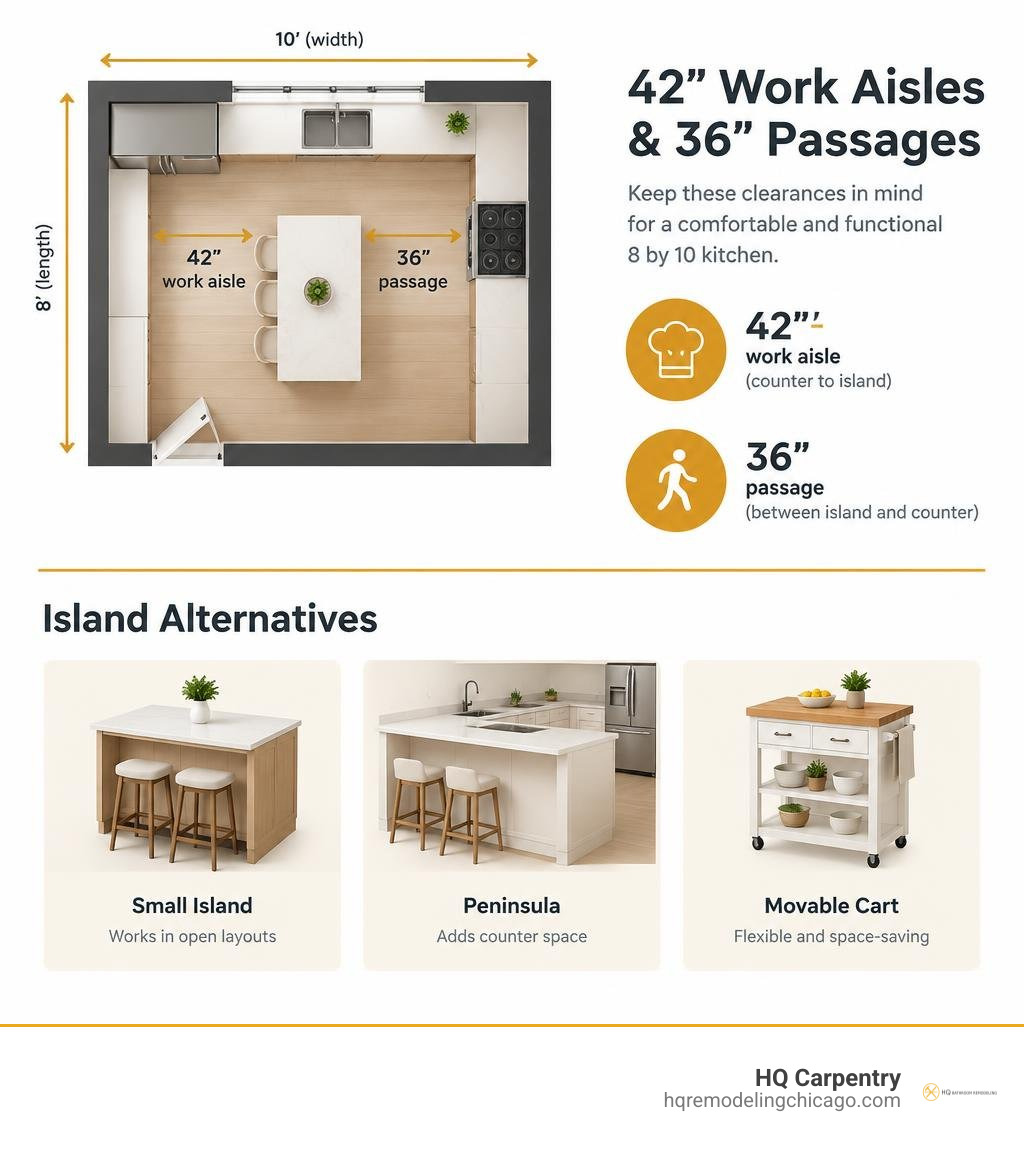 8 by 10 kitchen infographic showing 42-inch work aisles, 36-inch passages, and island alternatives infographic