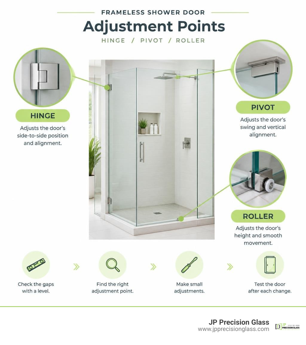 Frameless shower door hinge, pivot, and roller adjustment points infographic Frameless shower door hinge, pivot, and roller adjustment points infographic