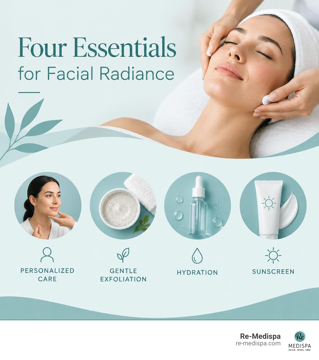 Four essentials for facial radiance: personalized care, gentle exfoliation, hydration, and sunscreen infographic