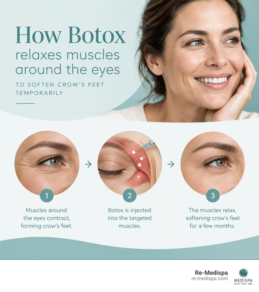 How Botox relaxes muscles around the eyes to soften crow's feet temporarily infographic How Botox relaxes muscles around the eyes to soften crow's feet temporarily infographic