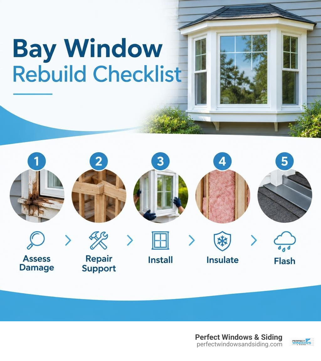 Bay window rebuild checklist: assess damage, repair support, install, insulate, and flash infographic