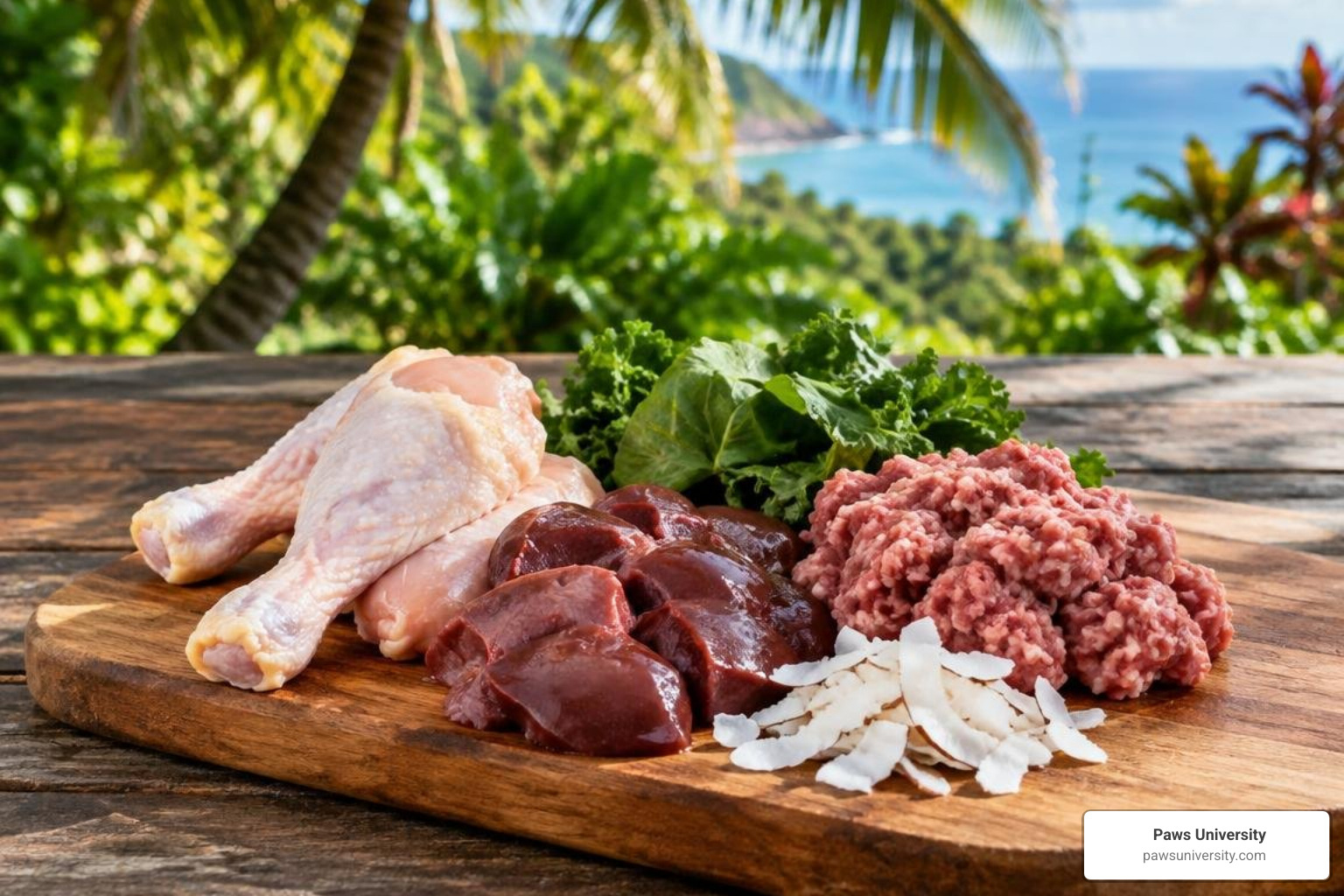 Prepared raw canine meal with pasture-raised meats and organs in Hawaii County setting