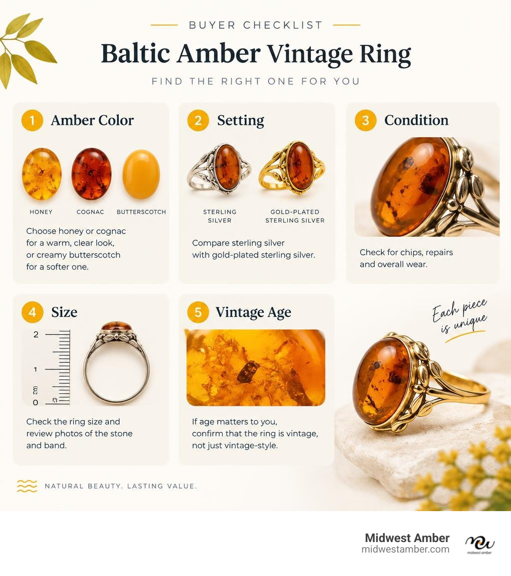 Buyer checklist comparing amber color, setting, condition, size, and vintage age infographic Buyer checklist comparing amber color, setting, condition, size, and vintage age infographic