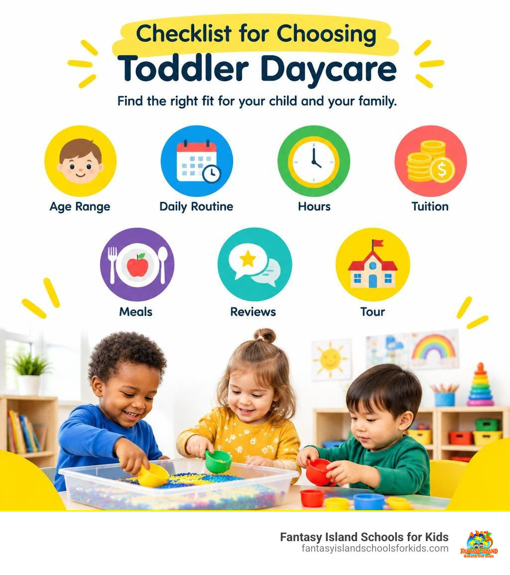 Checklist for choosing toddler daycare: age range, daily routine, hours, tuition, meals, reviews, and tour infographic Checklist for choosing toddler daycare: age range, daily routine, hours, tuition, meals, reviews, and tour infographic
