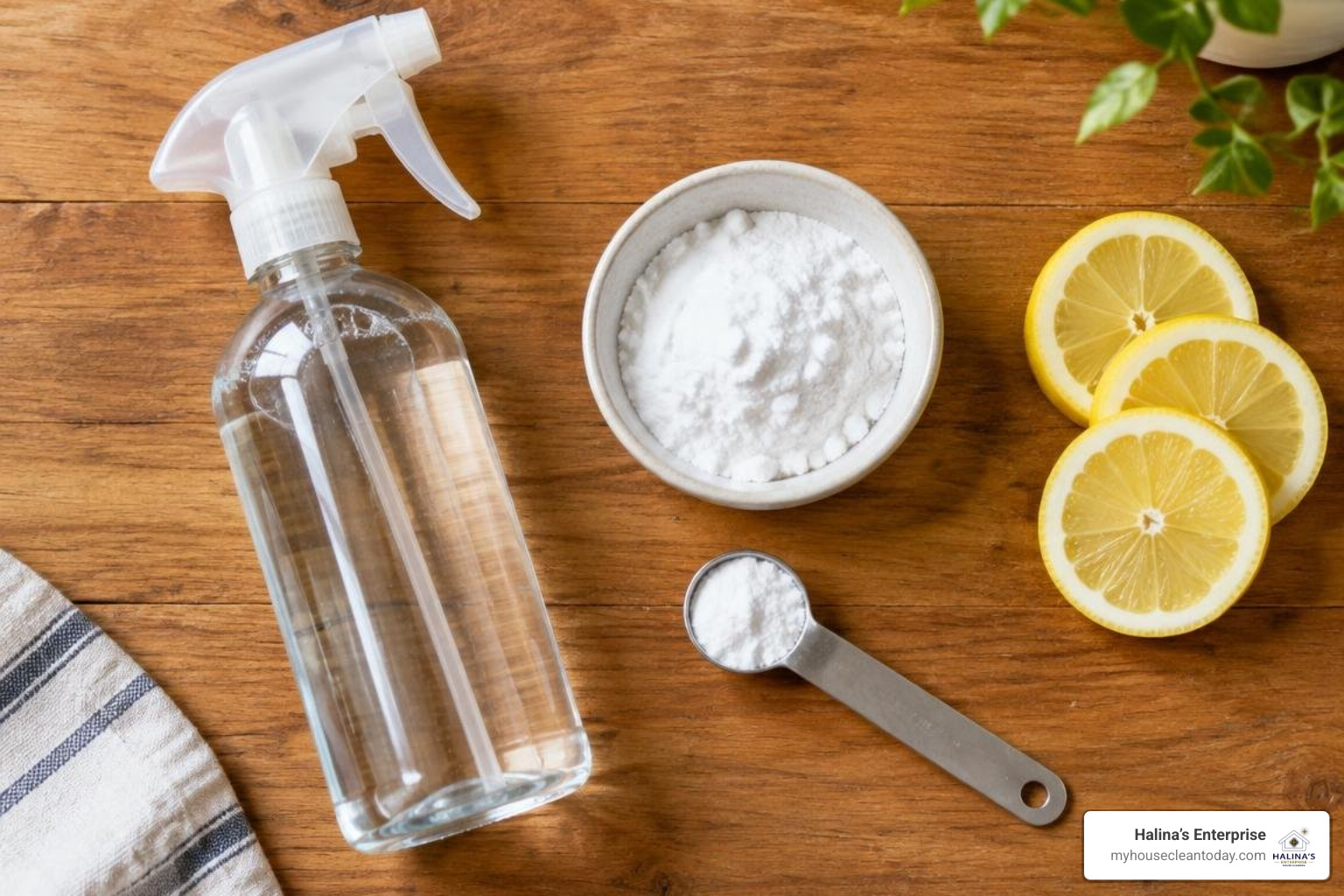 DIY natural cleaning ingredients with measuring spoons and glass spray bottle DIY natural cleaning ingredients with measuring spoons and glass spray bottle