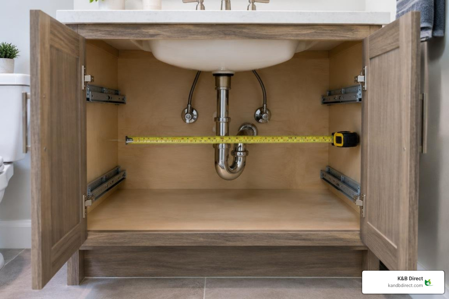 Under-sink plumbing clearance diagram showing p-trap pathing and drawer clearance Under-sink plumbing clearance diagram showing p-trap pathing and drawer clearance