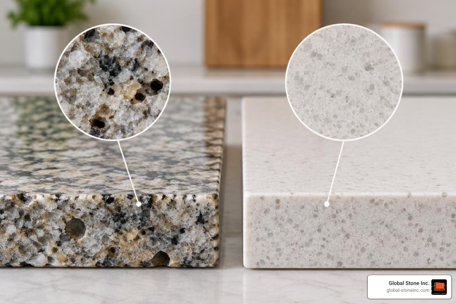 Granite vs quartz slab cross-section showing natural porosity versus non-porous resin composite