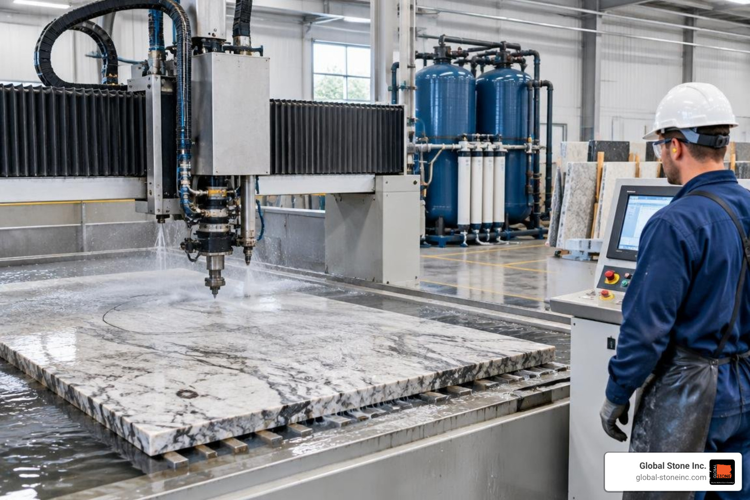 Modern stone fabrication facility utilizing automated wet-cutting CNC machinery and water filtration