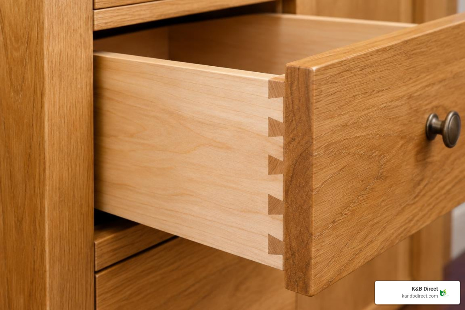 Close up of sturdy dovetail drawer joinery and solid wood framing