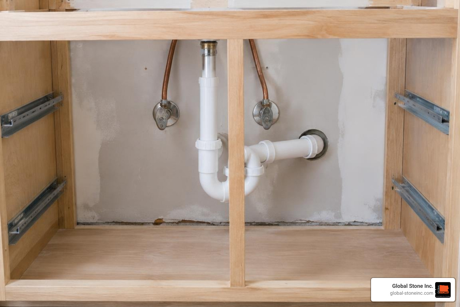 plumbing rough-in behind a 36-inch bathroom vanity cabinet