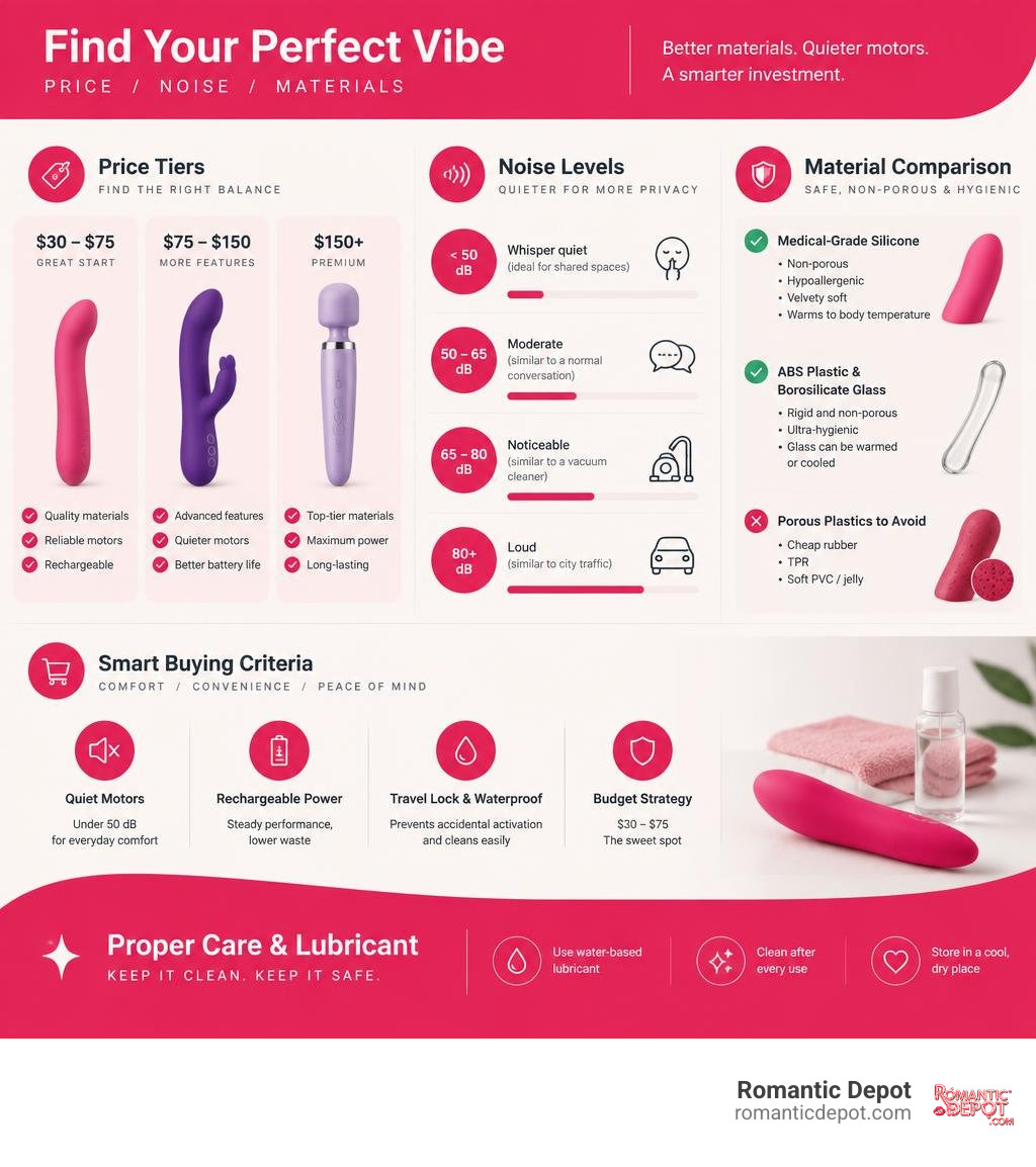 Infographic displaying vibrator price tiers, decibel ratings, and material comparisons infographic