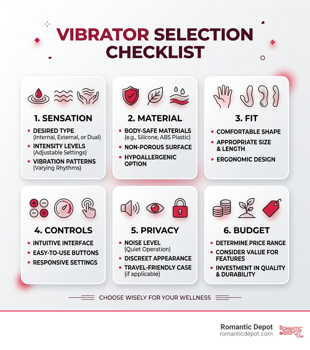 Vibrator selection checklist: sensation, material, fit, controls, privacy, and budget infographic