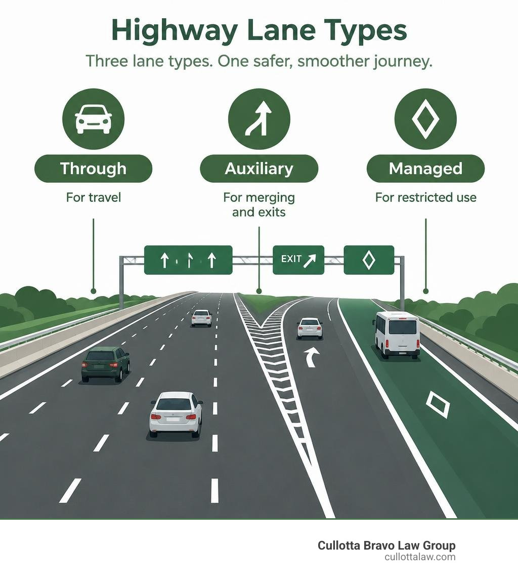 Highway lane types: through for travel, auxiliary for merging and exits, managed for restricted use infographic Highway lane types: through for travel, auxiliary for merging and exits, managed for restricted use infographic