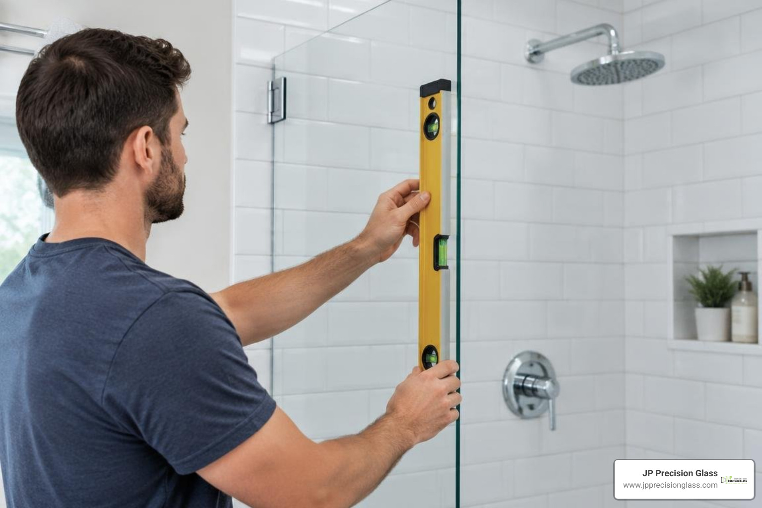 Checking shower door alignment with a spirit level Checking shower door alignment with a spirit level