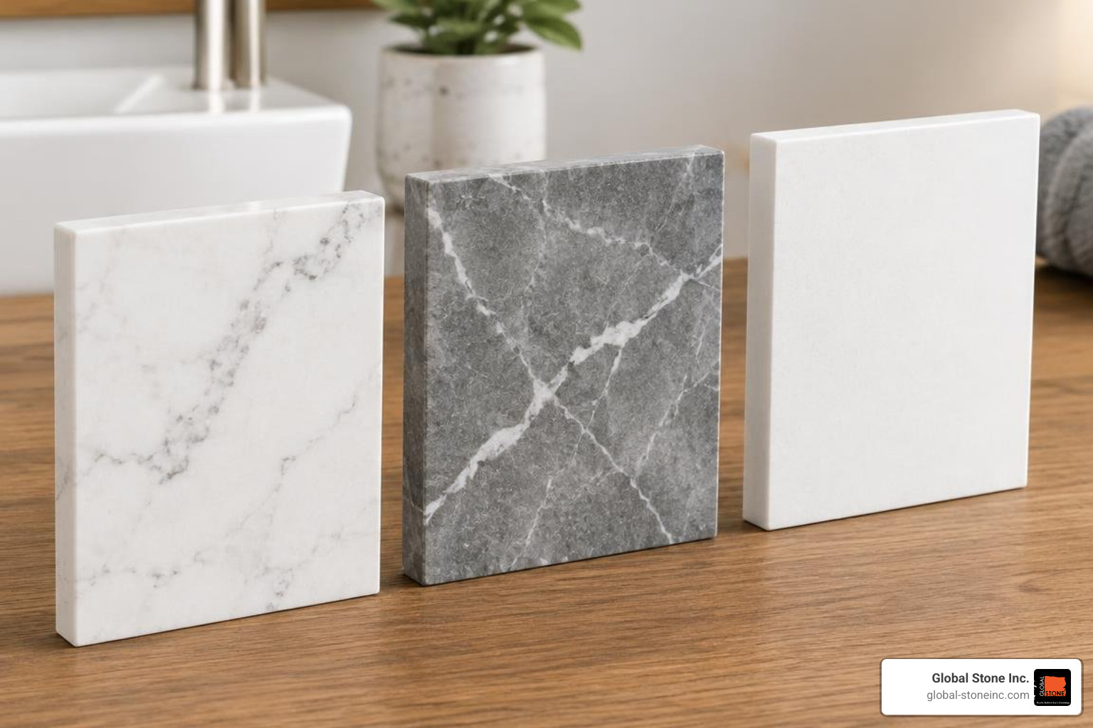 samples of quartz, marble, and engineered stone vanity top materials