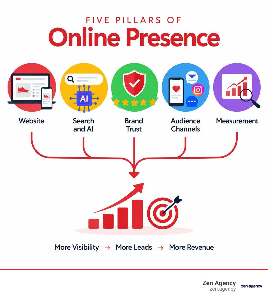 Five pillars of online presence: website, search and AI, brand trust, audience channels, and measurement infographic Five pillars of online presence: website, search and AI, brand trust, audience channels, and measurement infographic