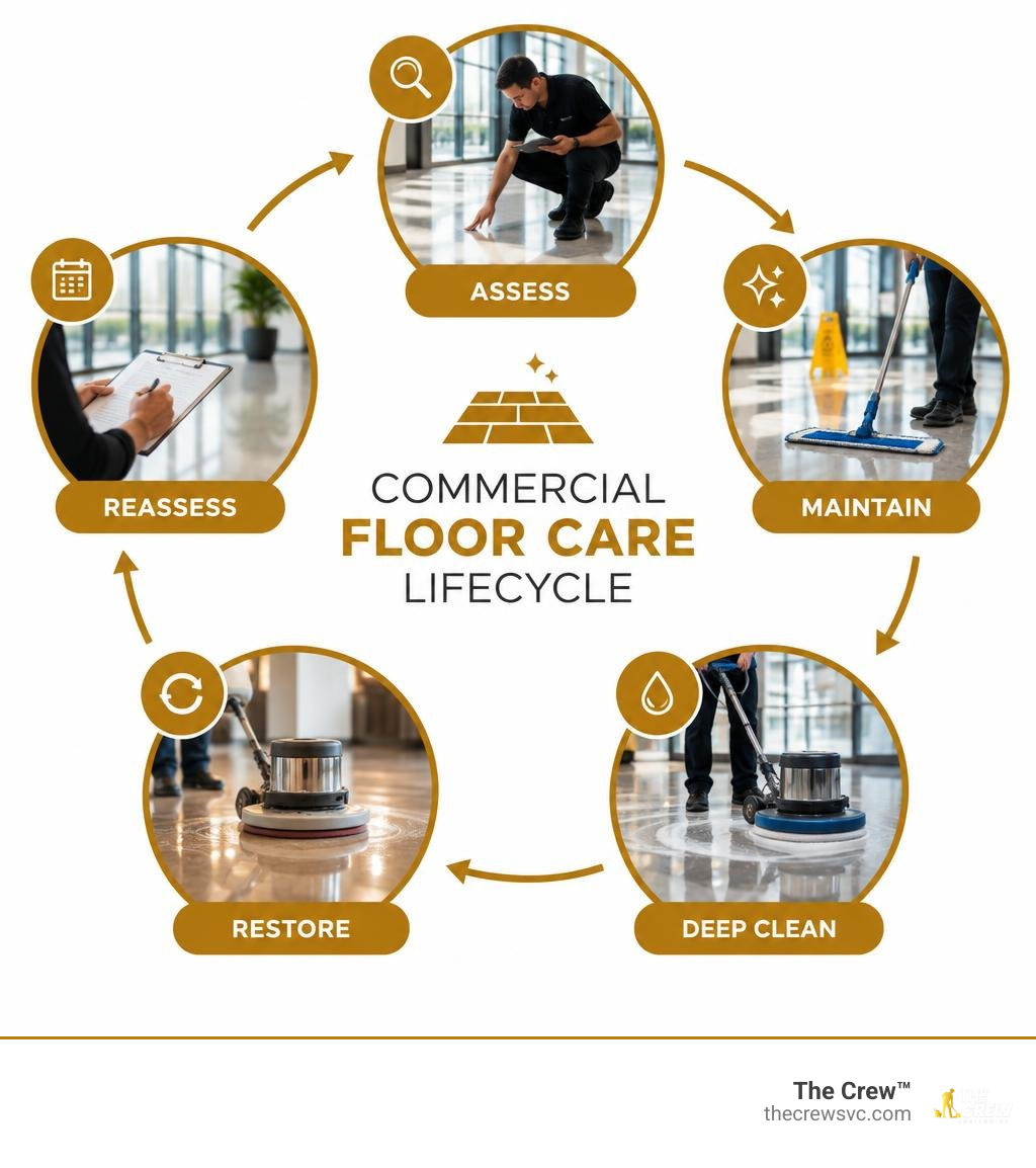 Commercial floor care lifecycle: assess, maintain, deep clean, restore, and reassess infographic