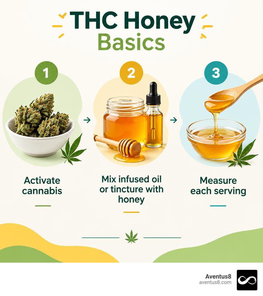 THC honey basics: activate cannabis, mix infused oil or tincture with honey, measure each serving infographic