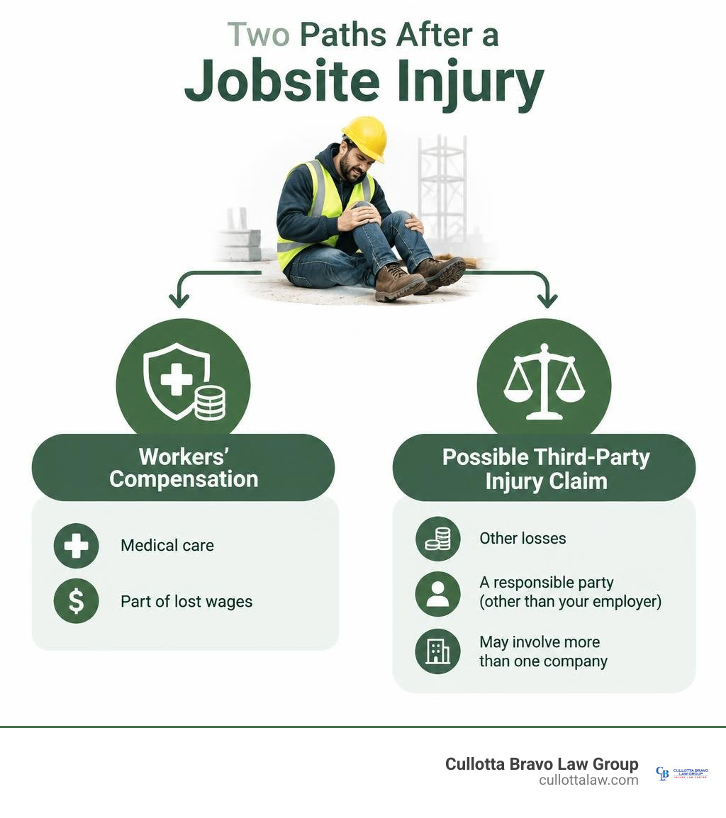 Two paths after a jobsite injury: workers' compensation and a possible third-party injury claim infographic