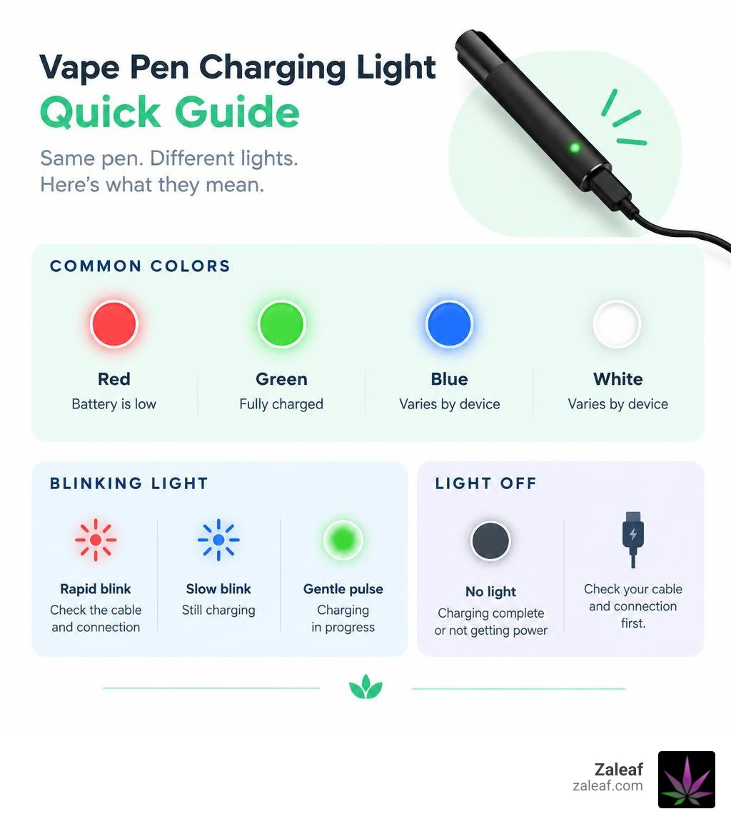 Vape pen charging light guide showing common colors, blinking, and light-off meanings infographic Vape pen charging light guide showing common colors, blinking, and light-off meanings infographic