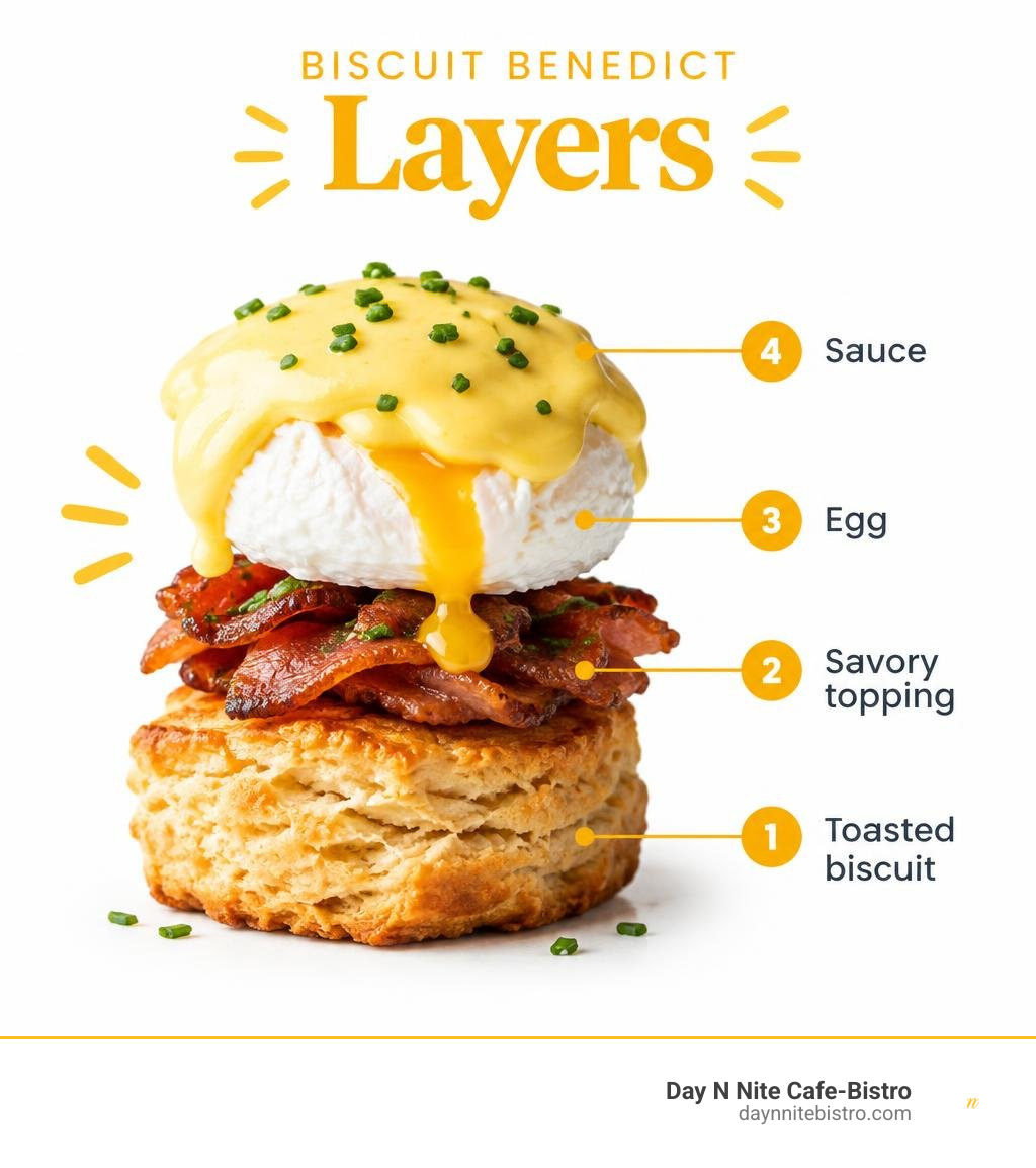 Biscuit benedict layers: toasted biscuit, savory topping, egg, and sauce infographic