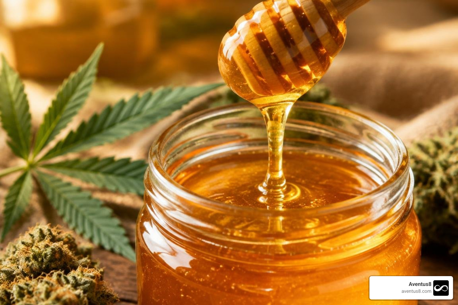 golden cannabis-infused honey dripping from a wooden dipper