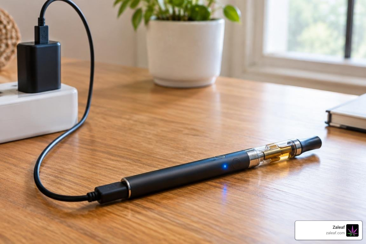 vape pen plugged into a charger with an illuminated charging light vape pen plugged into a charger with an illuminated charging light