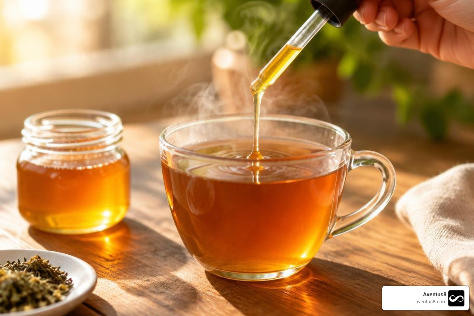 glass measuring dropper dosing infused honey into tea