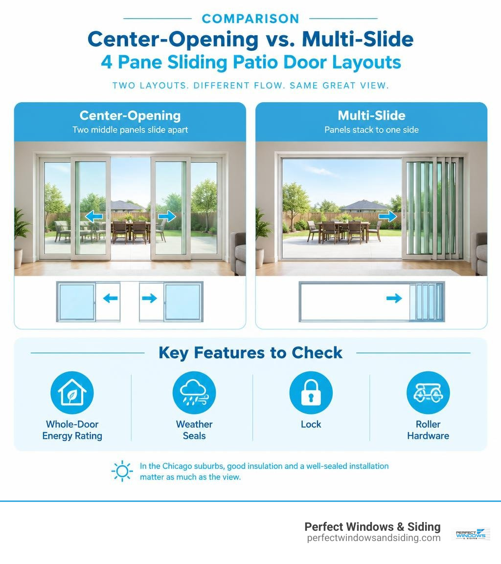 comparison of center-opening and multi-slide layouts with key features to check infographic