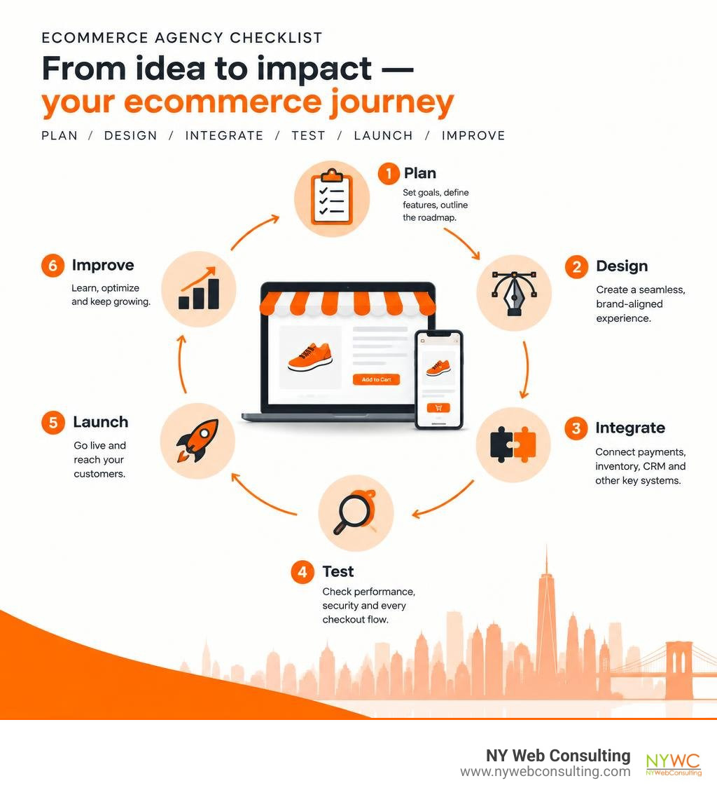 Ecommerce agency checklist and lifecycle: plan, design, integrate, test, launch, and improve infographic Ecommerce agency checklist and lifecycle: plan, design, integrate, test, launch, and improve infographic