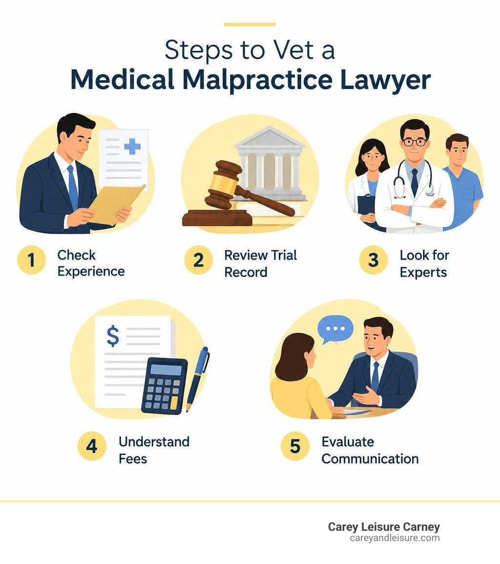 Steps to vet a medical malpractice lawyer: check experience, trial record, experts, fees, and communication infographic
