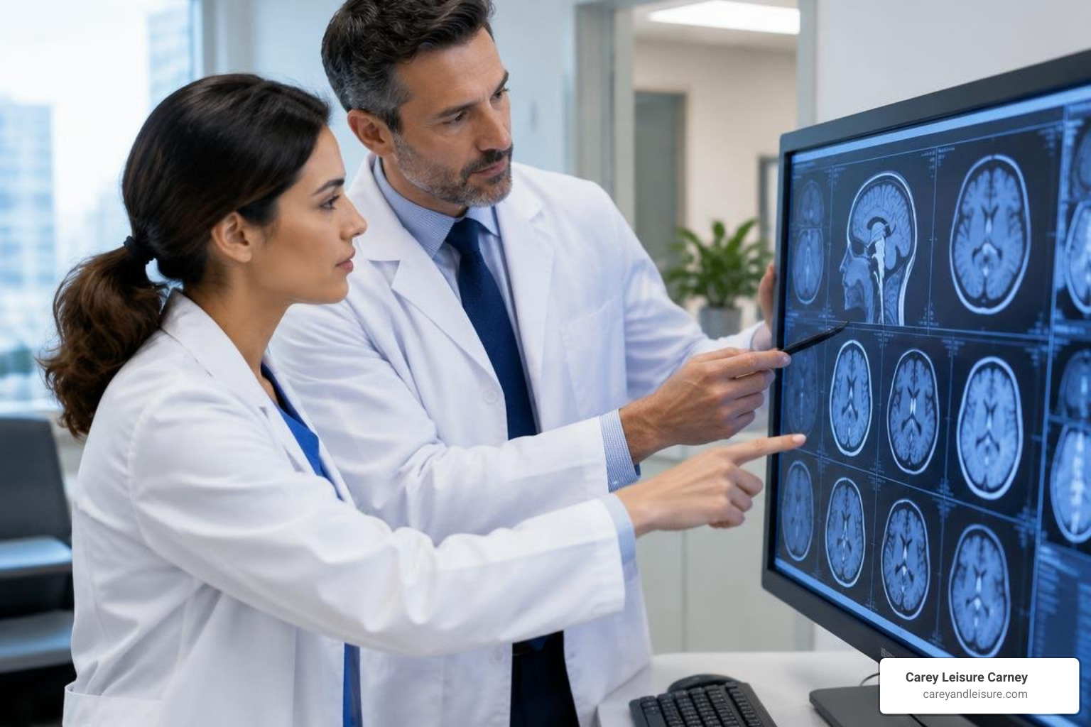 legal and medical professionals reviewing diagnostic imaging