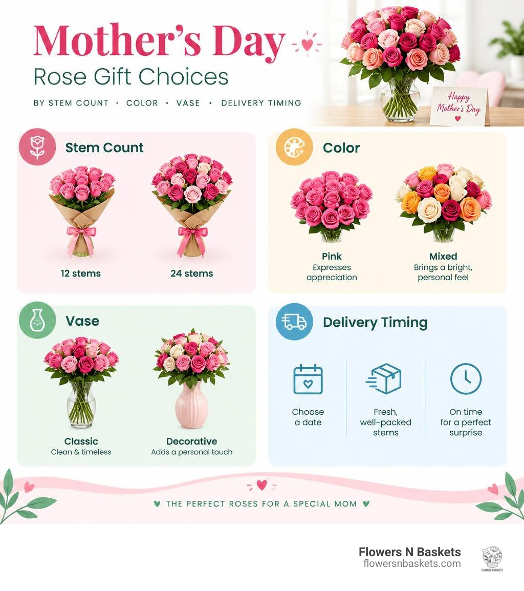 Mother's Day rose gift choices by stem count, color, vase, and delivery timing infographic