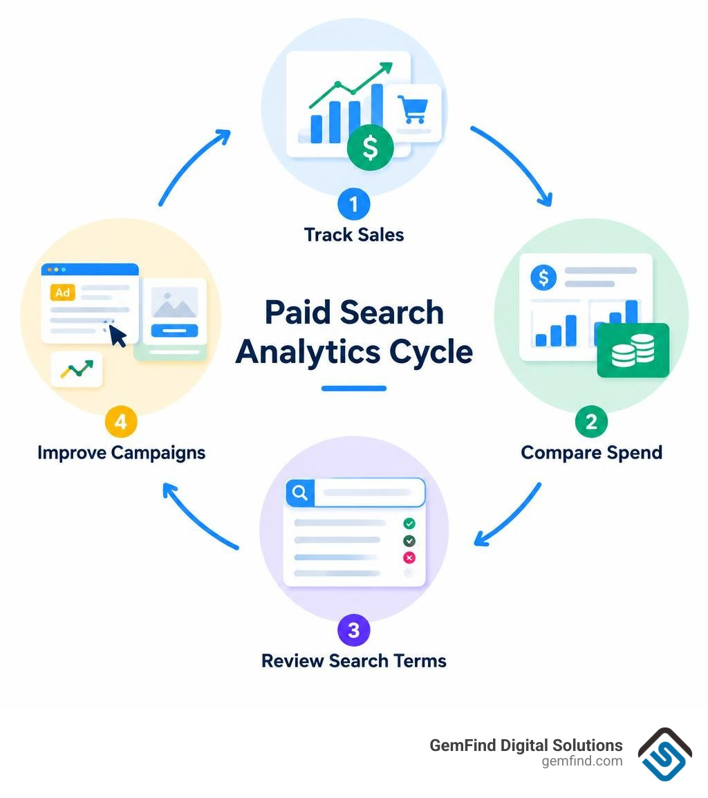 Paid search analytics cycle: track sales, compare spend, review search terms, improve campaigns infographic