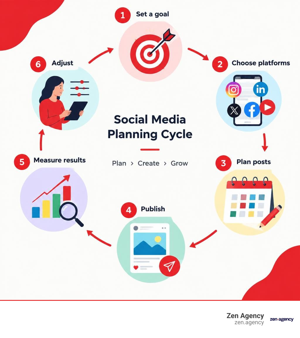 Social media planning cycle: set a goal, choose platforms, plan posts, publish, measure results, and adjust infographic Social media planning cycle: set a goal, choose platforms, plan posts, publish, measure results, and adjust infographic