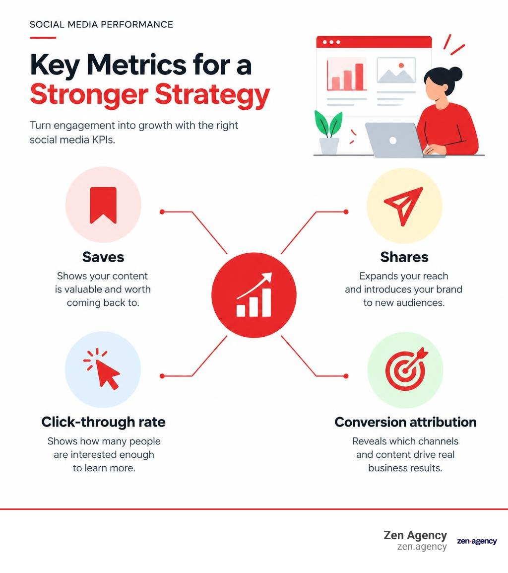 Infographic showing key performance indicators: saves, shares, click-through rate, and conversion attribution infographic Infographic showing key performance indicators: saves, shares, click-through rate, and conversion attribution infographic