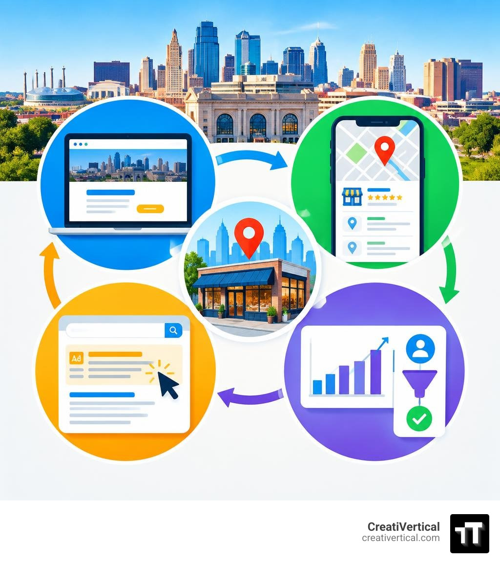Text-free infographic of website, local search, paid ads, and lead measurement for Kansas City businesses infographic