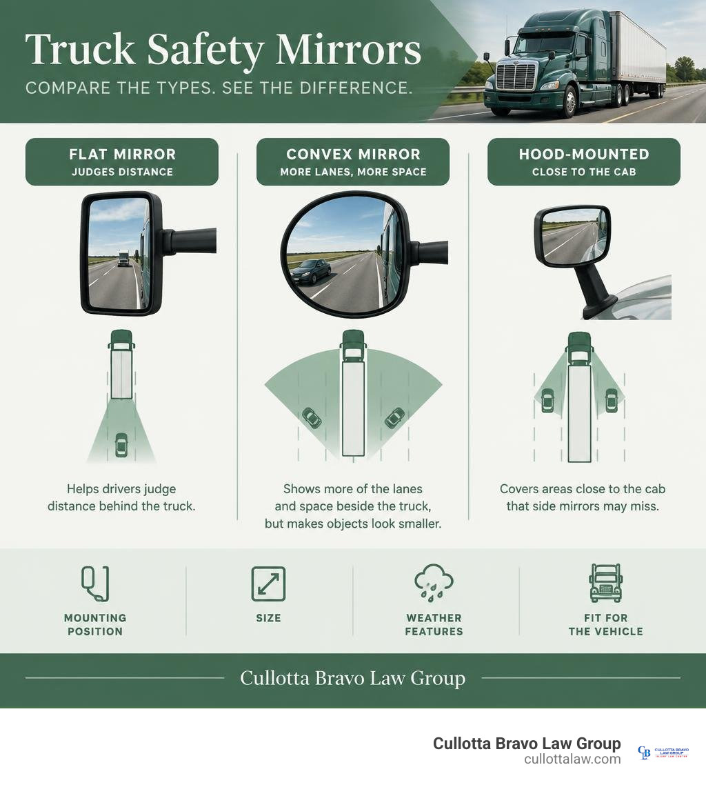 Comparison of flat, convex, and hood-mounted truck mirrors and the areas each helps drivers see infographic