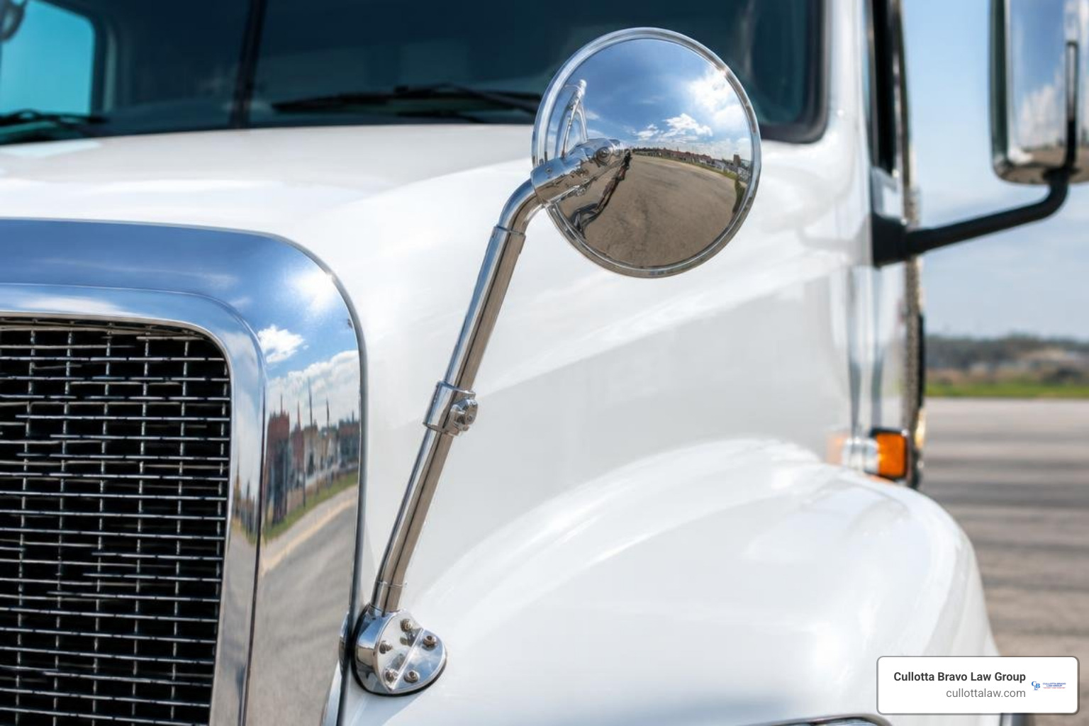 heavy duty stainless steel convex mirror assembly mounted on a Class 8 truck hood
