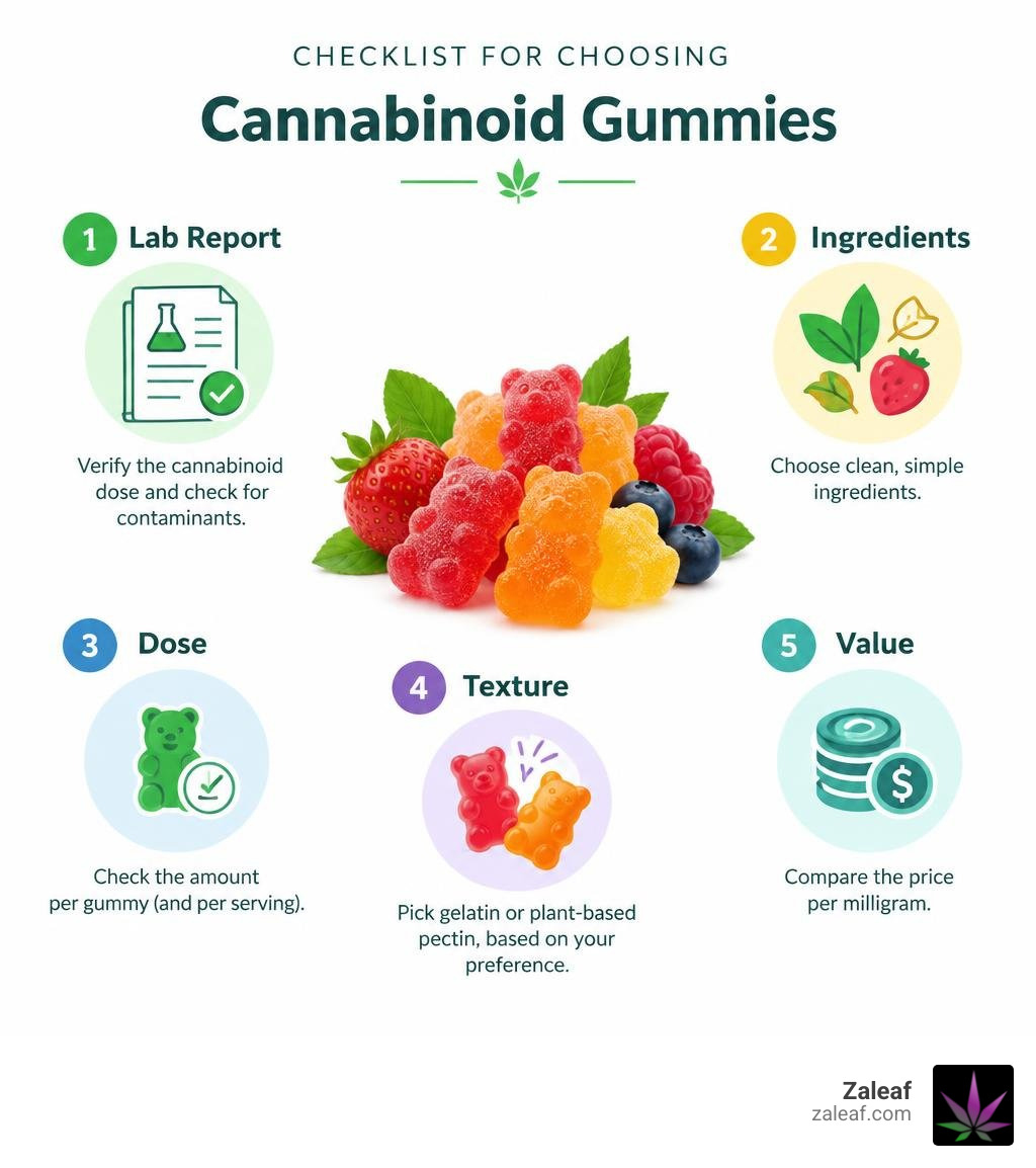 Checklist for choosing cannabinoid gummies: lab report, ingredients, dose, texture, and value infographic