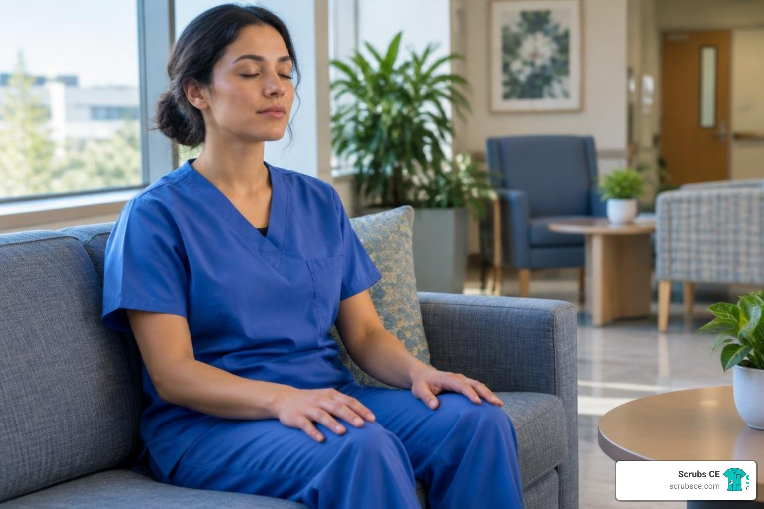 tired clinician practicing mindfulness in a hospital lounge tired clinician practicing mindfulness in a hospital lounge