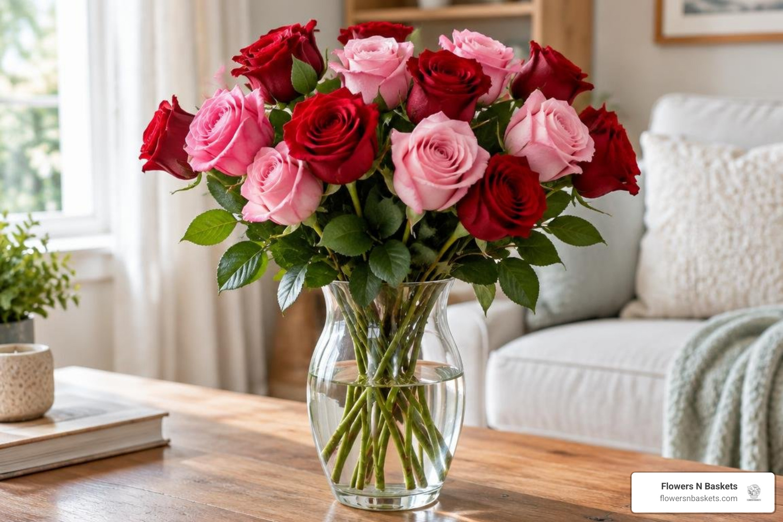 Fresh-cut roses blooming in a clear glass vase