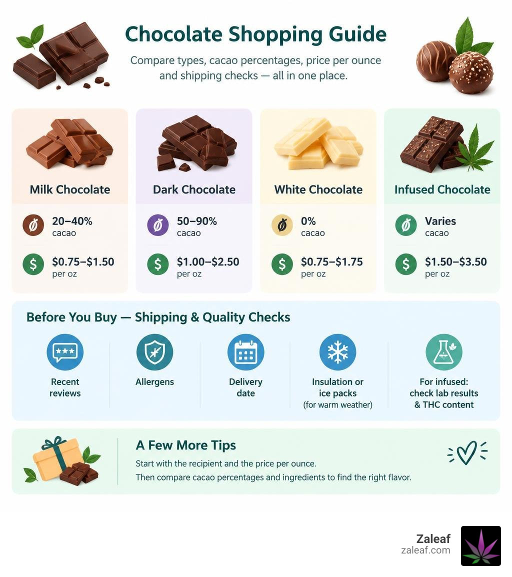 Shopping guide comparing chocolate types, cacao percentages, price per ounce, and shipping checks infographic Shopping guide comparing chocolate types, cacao percentages, price per ounce, and shipping checks infographic