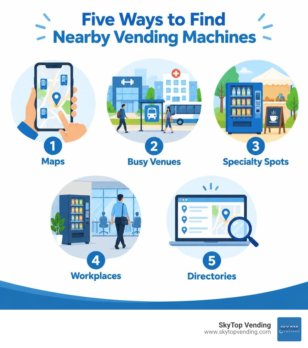 Five ways to find nearby vending machines: maps, busy venues, specialty spots, workplaces, and directories infographic Five ways to find nearby vending machines: maps, busy venues, specialty spots, workplaces, and directories infographic
