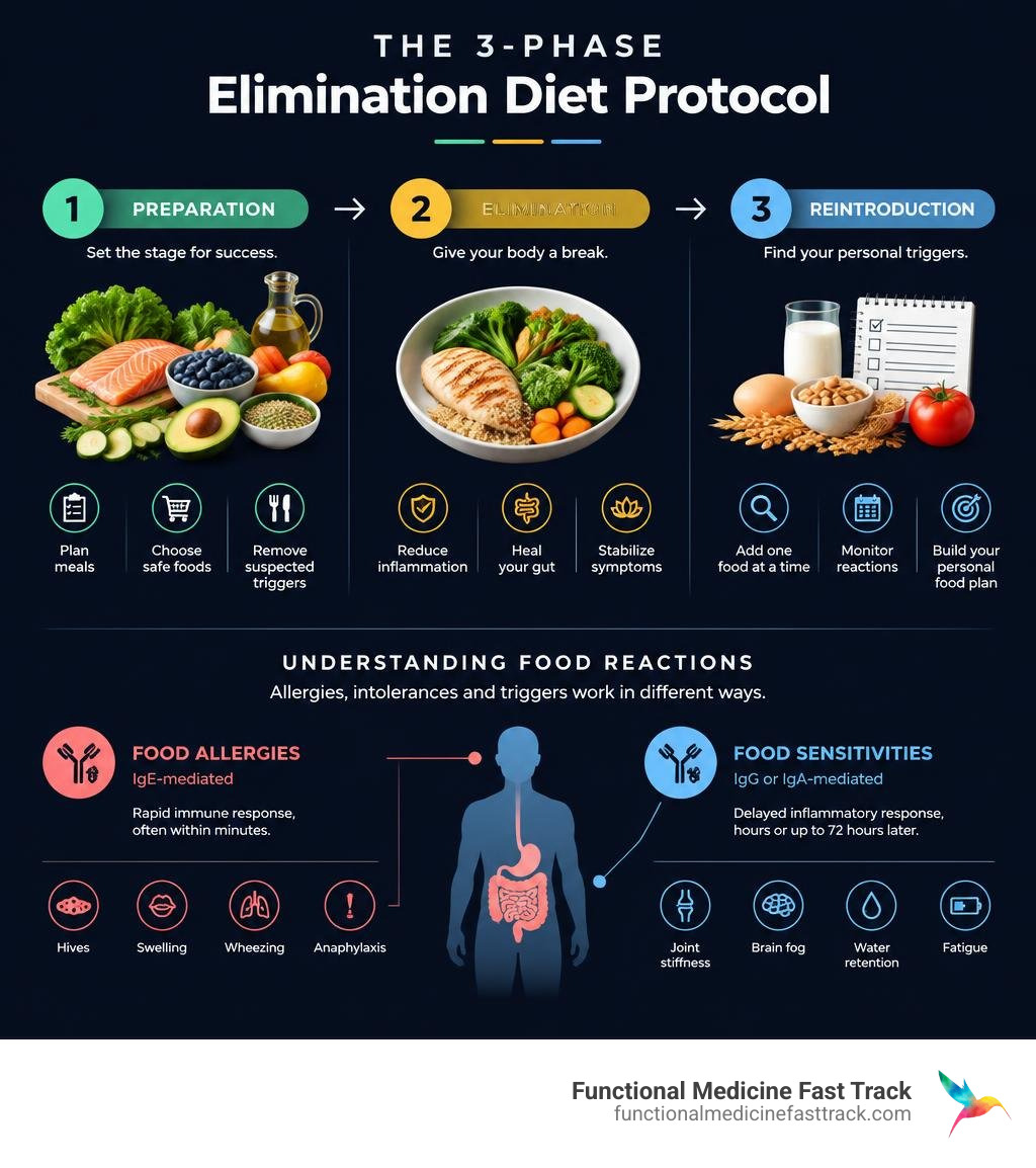 The 3-phase elimination diet protocol showing preparation, elimination, and reintroduction infographic