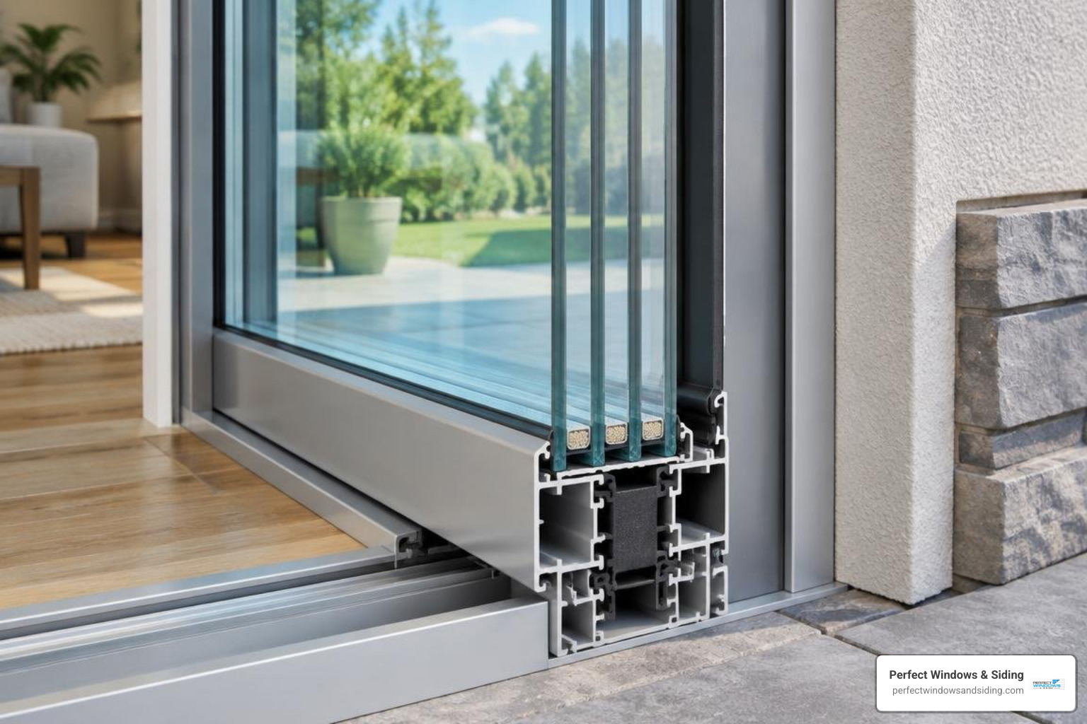 triple-pane insulated sliding door cross section showing thermal break and Low-E glass