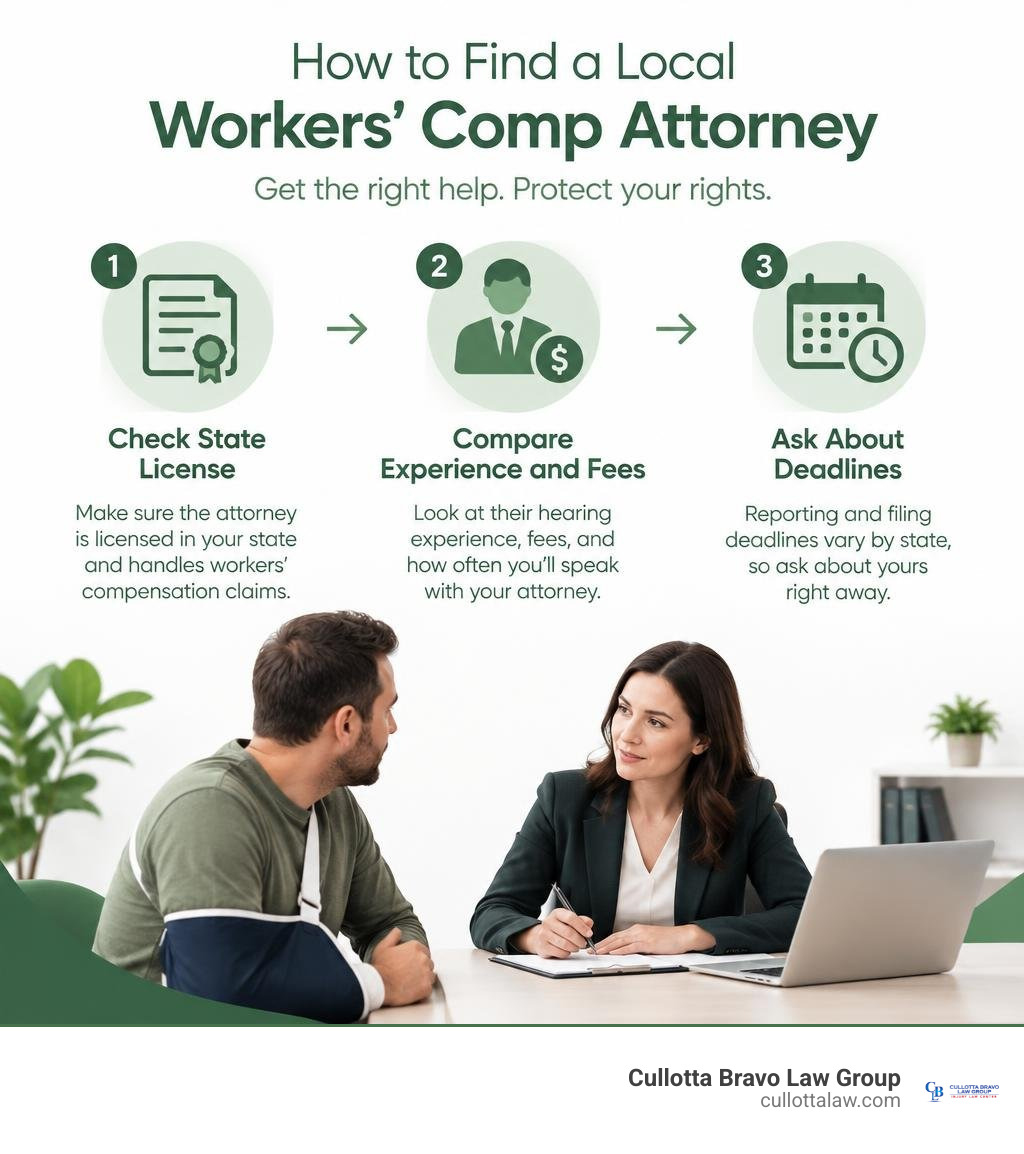 How to find a local workers compensation attorney: check state license, compare experience and fees, ask about deadlines