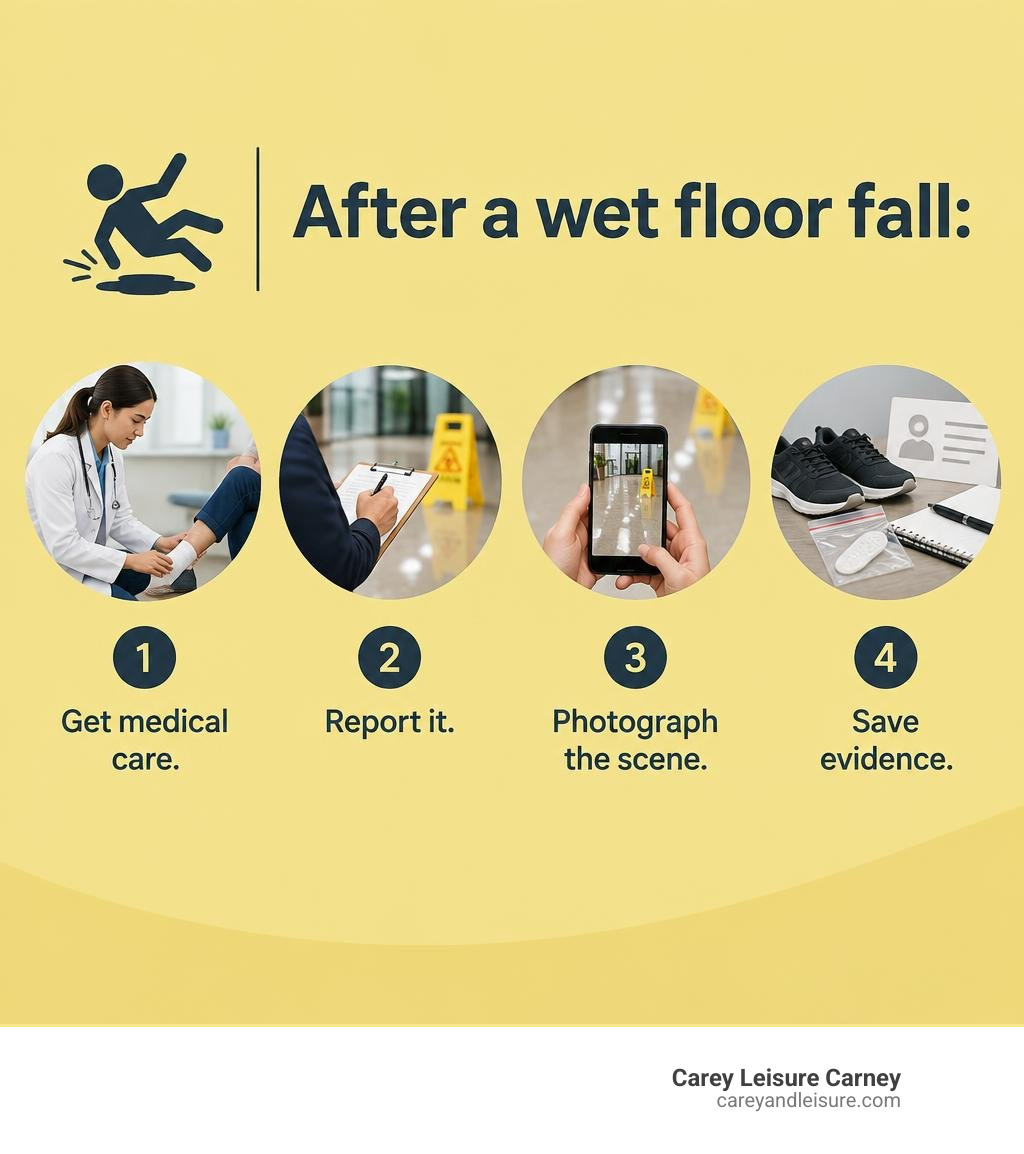 After a wet floor fall: get medical care, report it, photograph the scene, and save evidence infographic