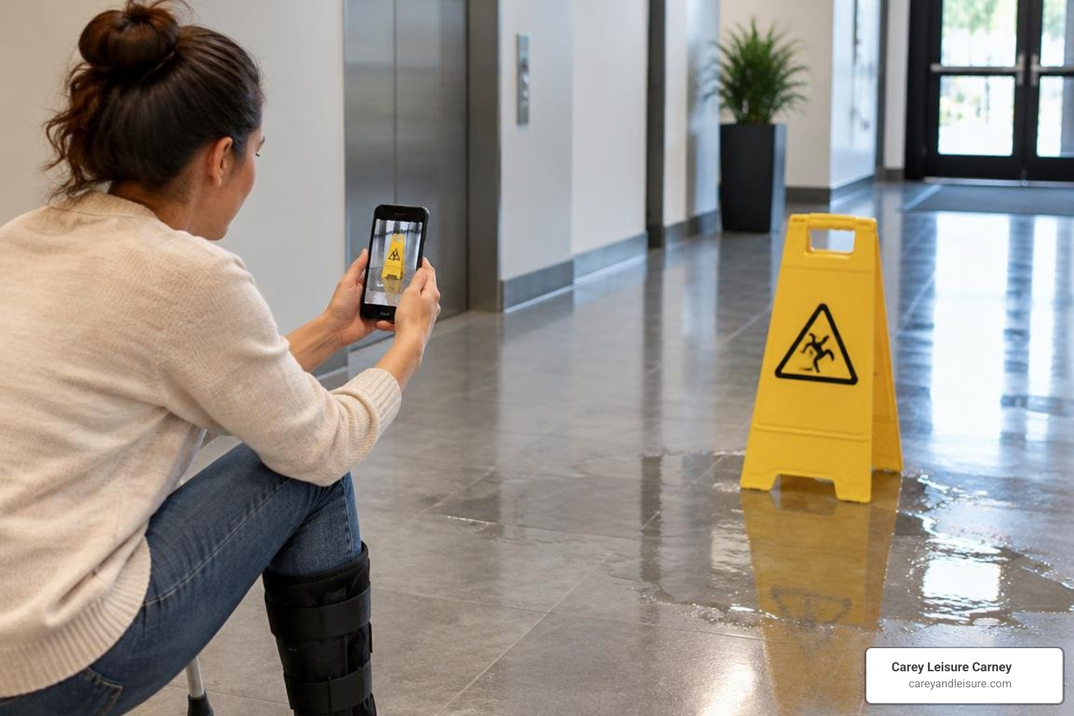 Injured patron photographing a wet floor hazard