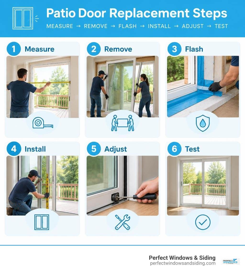 Patio door replacement steps: measure, remove, flash, install, adjust, and test infographic Patio door replacement steps: measure, remove, flash, install, adjust, and test infographic